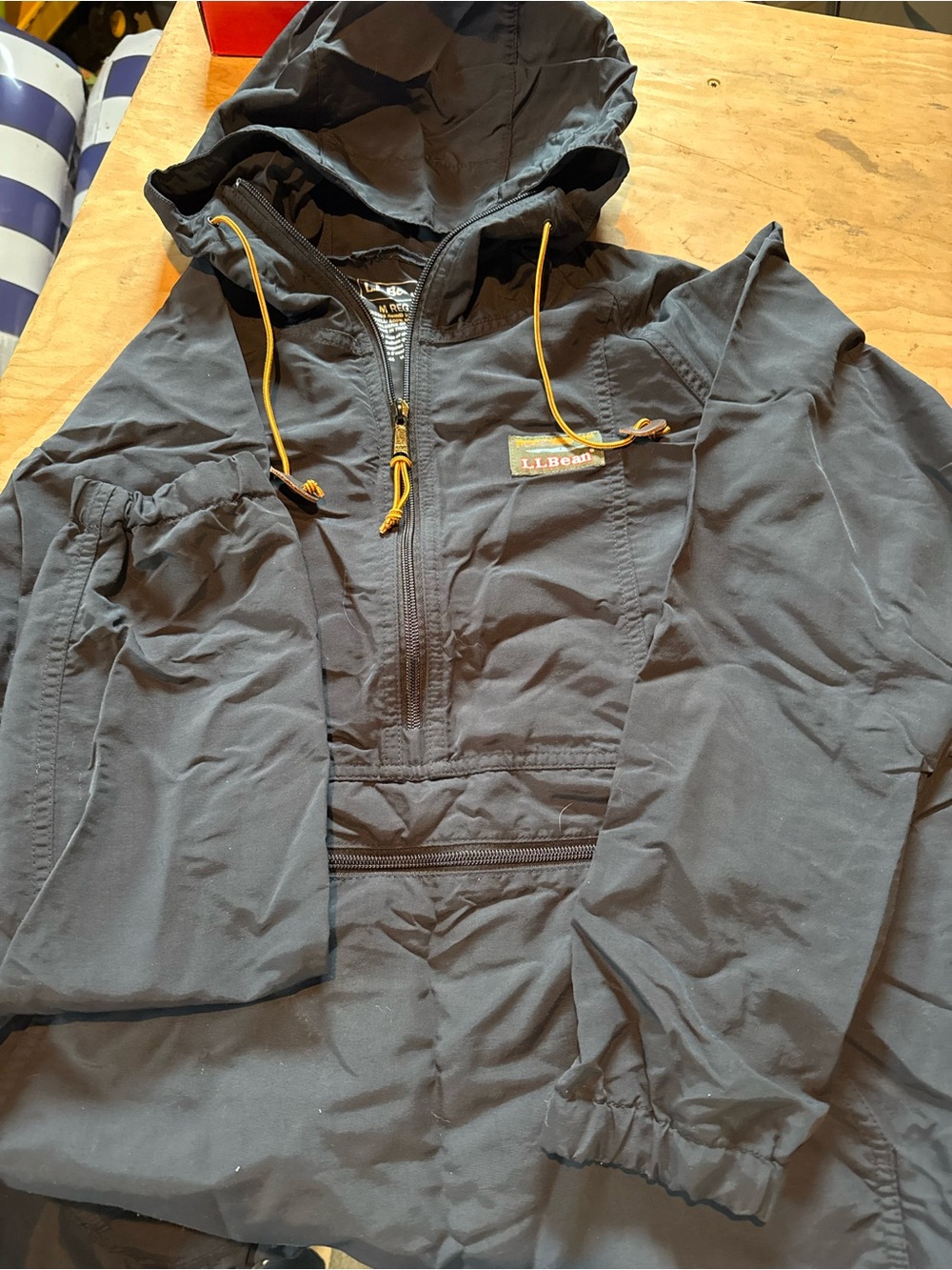 L.L. Bean Black Windbreaker with Yellow Drawcords